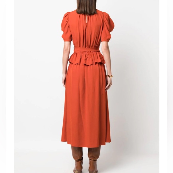 Ulla Johnson, Marion Puff-Sleeve Belted Peplum Midi Dress In Noir Red Size 6 - Picture 6 of 10